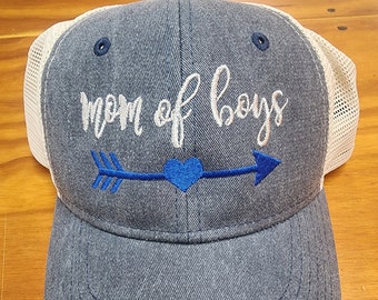 Mom of Boys Hat, Trucker Hat, Embroidered Hat, Mother's Day Gift, Adjustable Baseball Cap, Custom Design, Distressed Hat with Arrow