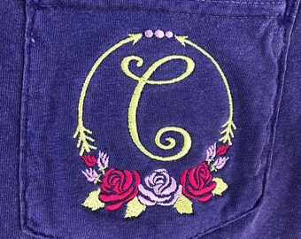 Floral monogram Big Little Shirt, Sorority Sister Shirt, Greek Week shirt, Embroidered Rose Shirt, Unisex SHORT sleeve Comfort Color Pocket