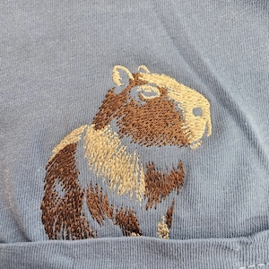 May include: A brown and beige embroidered capybara on a light blue t-shirt.