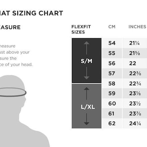 May include: Flexfit hat sizing chart with instructions on how to measure your head using a tape measure. The chart shows the corresponding hat size in centimeters, inches, and fitted sizes for small/medium and large/extra large.