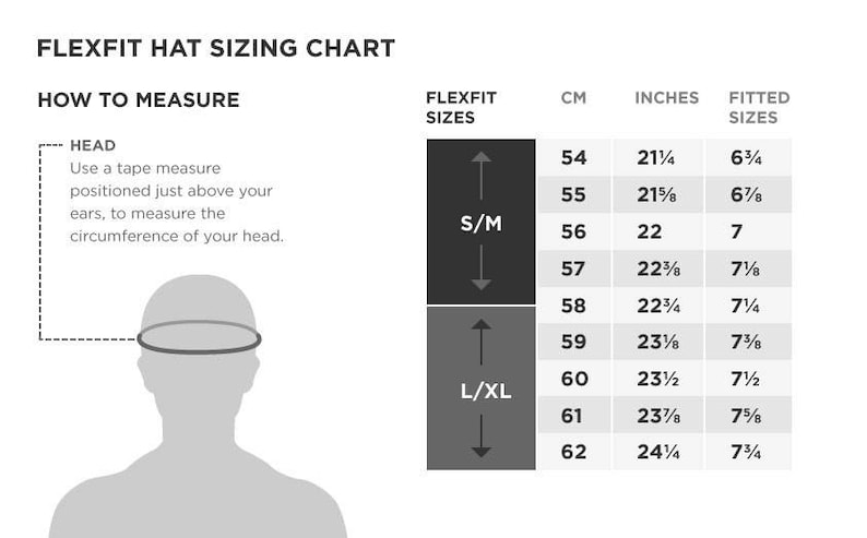 May include: Flexfit hat sizing chart with instructions on how to measure your head using a tape measure. The chart shows the corresponding hat size in centimeters, inches, and fitted sizes for small/medium and large/extra large.