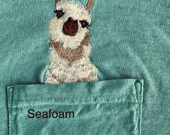 Llama pocket shirt, peekapoo tee,  face Unisex SHORT Sleeve Comfort Colors, Embroidered Pocket T-Shirt