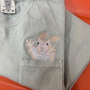 May include: A light green t-shirt with a pocket on the front. The pocket has an embroidered image of a brown rabbit with a white face.