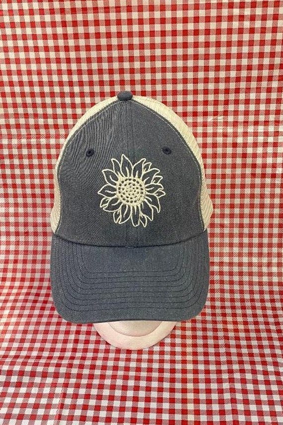 Sunflower Hat, Embroidered trucker hat, Snap back hat, Distressed Trucker Hat, Richardson 112 hat, Denim Hat, Ladies Daisy Hat