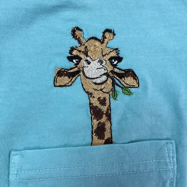 Giraffe pocket shirt, peekapoo tee, face Unisex SHORT Sleeve Comfort Colors, Embroidered Pocket T-Shirt