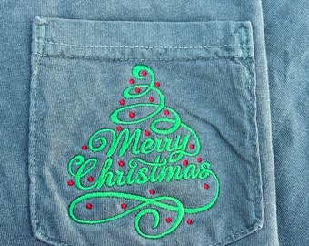 Merry Christmas, Christmas tree Shirt, Unisex SHORT Sleeve Comfort Colors, Embroidered Pocket T-Shirt