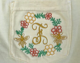 Bee Monogram Shirt, Daisy Monogram, Flower monogrammed Tee, SHORT Sleeve Comfort Colors, Unisex Embroidered Pocket T-Shirt