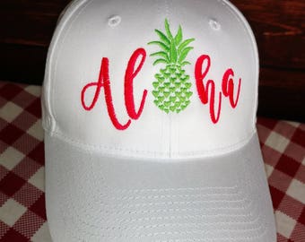 Aloha Hat, Pineapple Hat, Baseball Cap, Neon, Beach Hair, Hawaiian Vacation Gift, Destination Wedding, Embroidered Hat