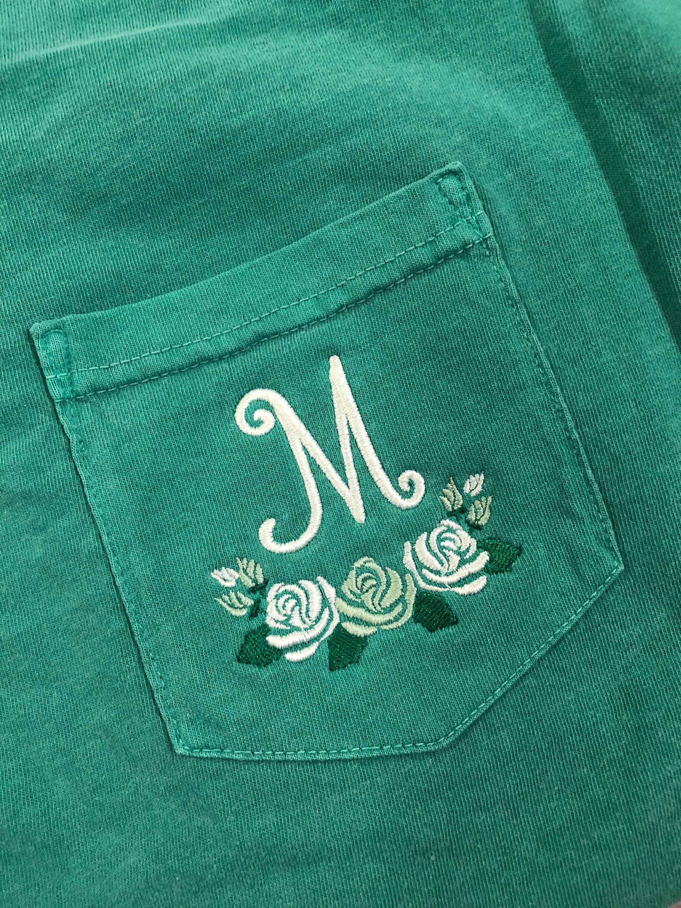 【CPGN STUDIO】Rose Embroidery Lettering Short Sleeve Tshirt Rose Monogram Embroidered Flower Shirt, Unisex SHORT Sleeve
