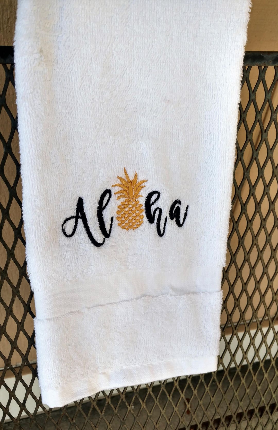 Tropical Hand Towel, Embroidered Pineapple, Aloha, Hawaiian Themed Bathroom, Beach Decor