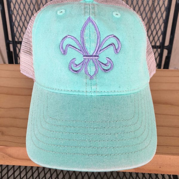 Fleur de lis, Louisiana Girl, Saints Pride, Nola hat, LSU, Mint Trucker Hat, Comfort Color hat, Embroidered Hat, Adjustable Mesh Back Hat