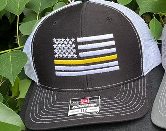 Dispatcher flag hat, Thin gold line, Heart Flag, Embroidered Trucker hat, Mesh Back Hat, Distressed Hat, His Hers