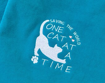 Saving one cat at a time tee, Unisex SHORT Sleeve Comfort Colors, Embroidered Pocket T-Shirt