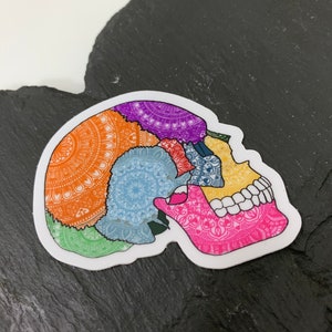 May include: A colorful skull sticker with a mandala design. The skull is made up of different colored mandalas, including orange, blue, green, pink, and purple.