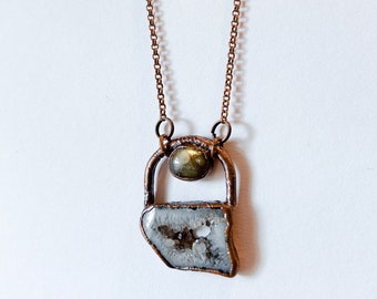 Geode Agate and Labradorite Necklace / Minimalist Copper Necklace / Electroformed