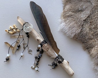 Hecate Smoky Quartz Wand | Hekate Altar Tool | Crow Feather Wand, Pagan Wand, Witch Wand, Goddess Hekate Talisman | Goddess Wand |  Magick