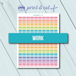 May include: Printable sheet of colorful stickers with the word "WORK" printed on each sticker. The stickers are arranged in rows of 10, with each row featuring a different color.