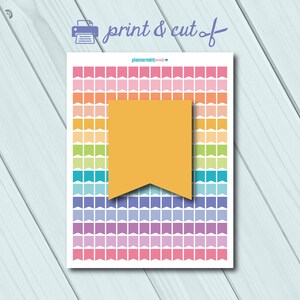 May include: Printable sheet of colorful flag stickers. The sheet is divided into a grid of 10 rows and 10 columns. Each square contains a different colored flag with a rounded edge. The sheet is printed on white paper and has the text "plannermint" in the top center.