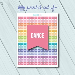 May include: Printable sheet of 100 colorful stickers with the word "DANCE" in white text. The stickers are in the shape of small banners with rounded corners. A larger pink banner with the word "DANCE" in white text is in the center of the sheet.