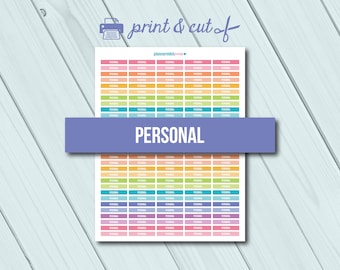 Puede incluir: Hoja imprimible de pegatinas rectangulares de colores con la palabra "PERSONAL" impresa en cada pegatina. La hoja está diseñada para usar en una agenda o diario.