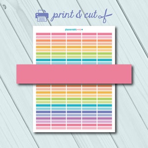 May include: Printable sheet of rainbow coloured rectangular stickers. The sheet is ready to print and cut out. The text "print & cut" is at the top of the sheet.