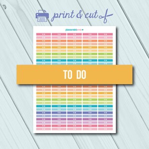 May include: Printable sheet of colorful to-do list stickers. Each sticker has a different color and says "To Do" with a time slot.
