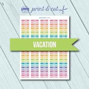 May include: Printable sheet of colorful vacation stickers. Each sticker is a banner with the word "vacation" written in white. The stickers are in a variety of colors, including pink, orange, yellow, green, blue, purple, and red.