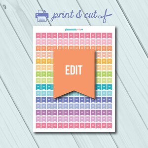 May include: Printable sheet of colorful EDIT flags. The sheet is divided into 10 rows of 10 flags each. The flags are in a rainbow color pattern, with each row a different color. The word "EDIT" is printed in white on a peach-colored banner.