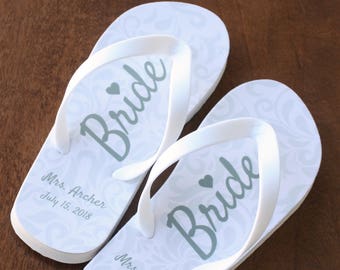 Bride Flip Flops - Personalized Name and Date - Ivory Rubber Soles