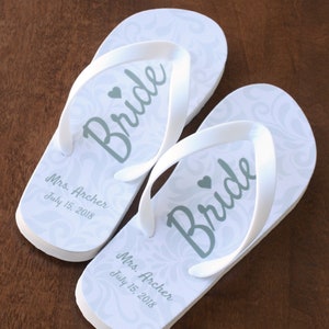 Custom Damask Bride - Sandals with Personalized Name and Date.  Ivory Rubber Soles