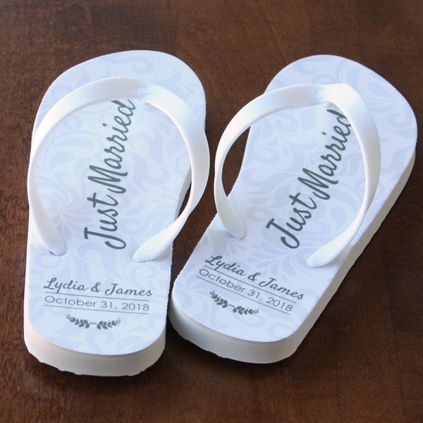 Just Married Flip Flops Personalized Printing -  Date and Name - Ivory Rubber Soles