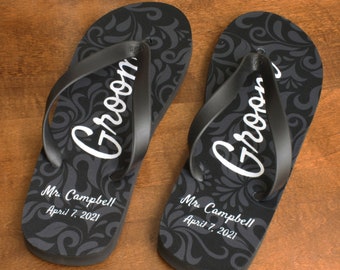 Custom Damask Groom Flip Flops - (print design personalized as pictured)