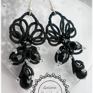Pattern tatting. Long earrings &quot;Crystal Heart&quot;