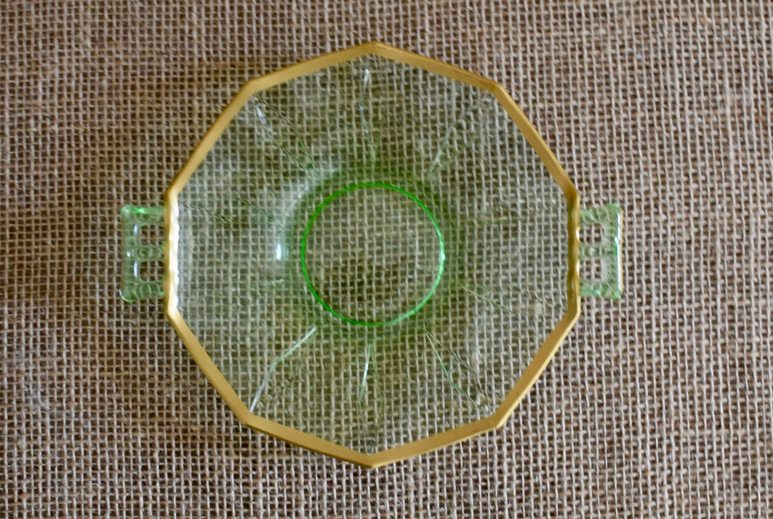 Small Vintage Green Glass Plate With Gold Trim and Handles Etsy UK