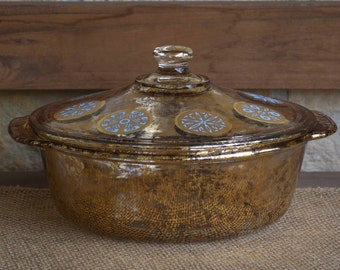 Anchor Hocking Fire King Gold and Turquoise Covered Casserole Dish