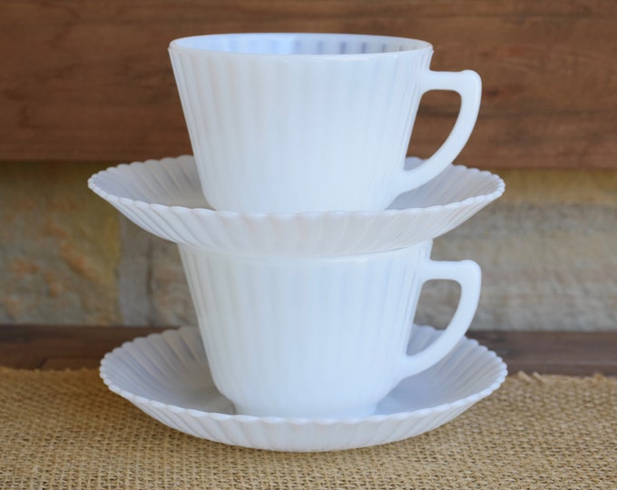 Set of Two 2 Vintage Milk Glass Tea Cup and Saucer Etsy