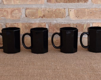 Set of Four (4) Arcoroc Octime Black Glass Coffee Mugs