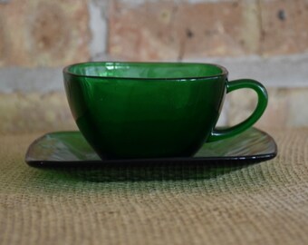 Anchor Hocking Green Tea Cup and Square Saucer