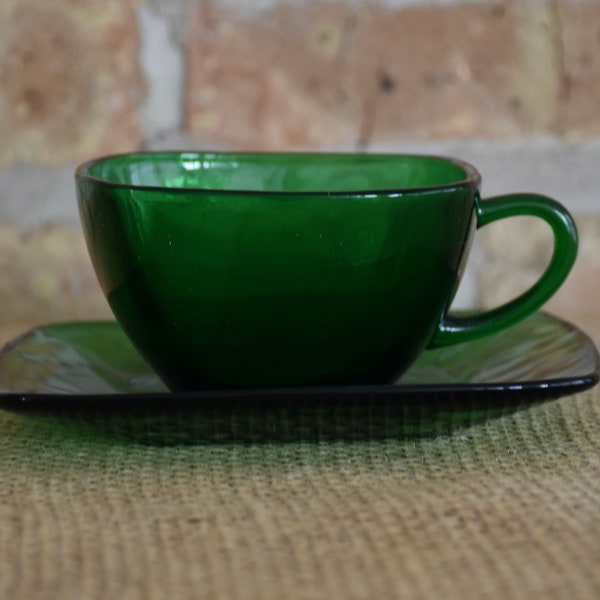 Anchor Hocking Green Tea Cup and Square Saucer