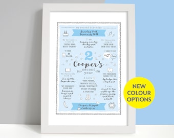 Personalised Baby Boy Second Birthday Print, Memories and Milestones Gift