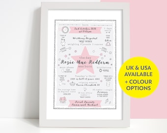 Personalised The Day You Were Born Baby Girl Star Print Gift
