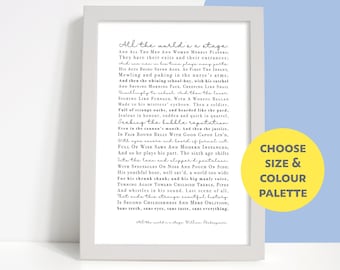 All the world's a stage speech from William Shakespeare play As You Like It, spoken by Jaques, Poem Print Gift