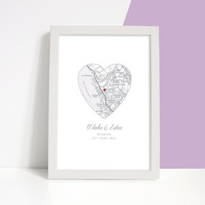 Personalisierte Herz Karte ungerahmt Hochzeit Print Geschenk, Hochzeitsgeschenk für Paar, Lebenspartnerschaft Geschenk, Hochzeit Lage Poster