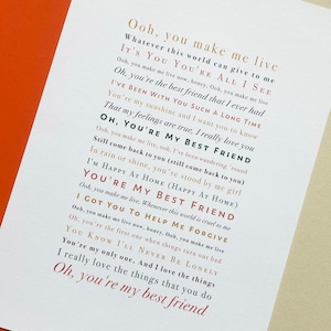 You&#39;re My Best Friend Unframed Song Lyrics Print Gift
