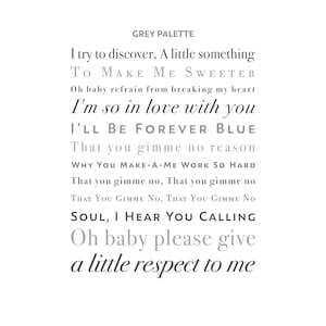 May include: A gray text-based graphic with the lyrics of a song. The lyrics are: "I try to discover, A little something TO MAKE ME SWEETER Oh baby refrain from breaking my heart I'm so in love with you I'LL BE FOREVER BLUE That you gimme no reason WHY YOU MAKE-A-ME WORK SO HARD That you gimme no, That you gimme no THAT YOU GIMME NO, THAT YOU GIMME NO SOUL, I HEAR YOU CALLING Oh baby please give a little respect to me"