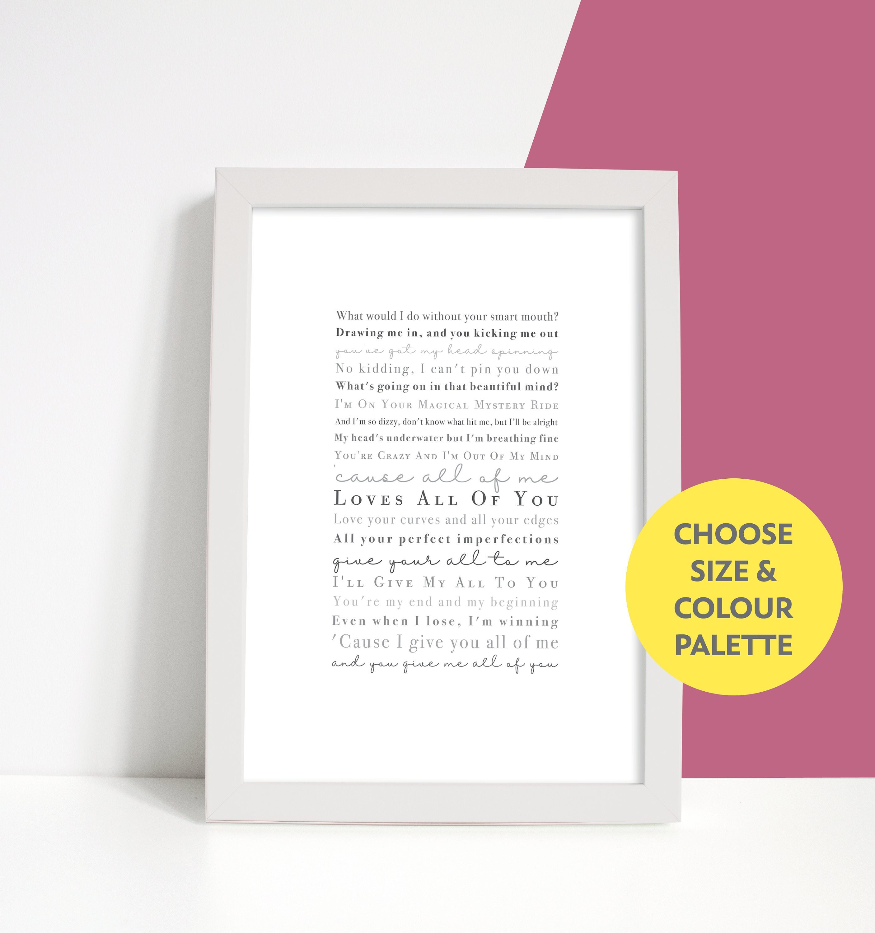 John Legend All Of Me LYRICS print. With your PERSONALISED -  Portugal