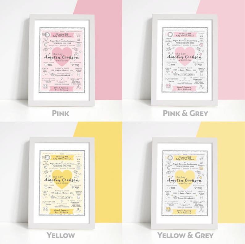 May include: Four white frames with different coloured backgrounds, each displaying a personalised birth announcement for a baby girl named Amelia Cookson. The announcement includes details like the date and time of birth, weight, and length. The frames are labelled with the background colours: Pink, Pink & Grey, Yellow, and Yellow & Grey.