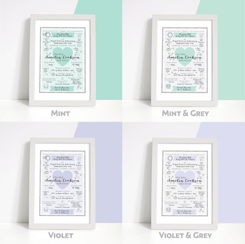 May include: Four white frames with a light blue, light purple, mint green, and grey background. Each frame contains a personalised birth announcement for a baby girl named Amelia Cookson. The announcement includes the date and time of birth, the baby's weight, and other details. The frames are displayed on a white surface.