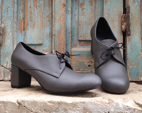Gray Leather Womens Brogues Shoes for Office, Custom Heel Oxfords , Grey Heels Boots