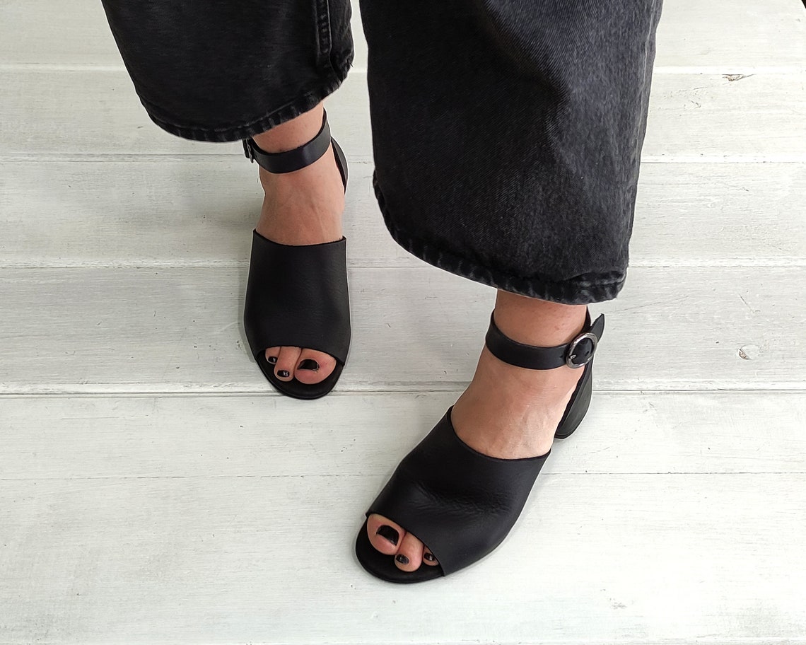 Black Leather Womens Sandals With Heel Mules Heels for Women - Etsy